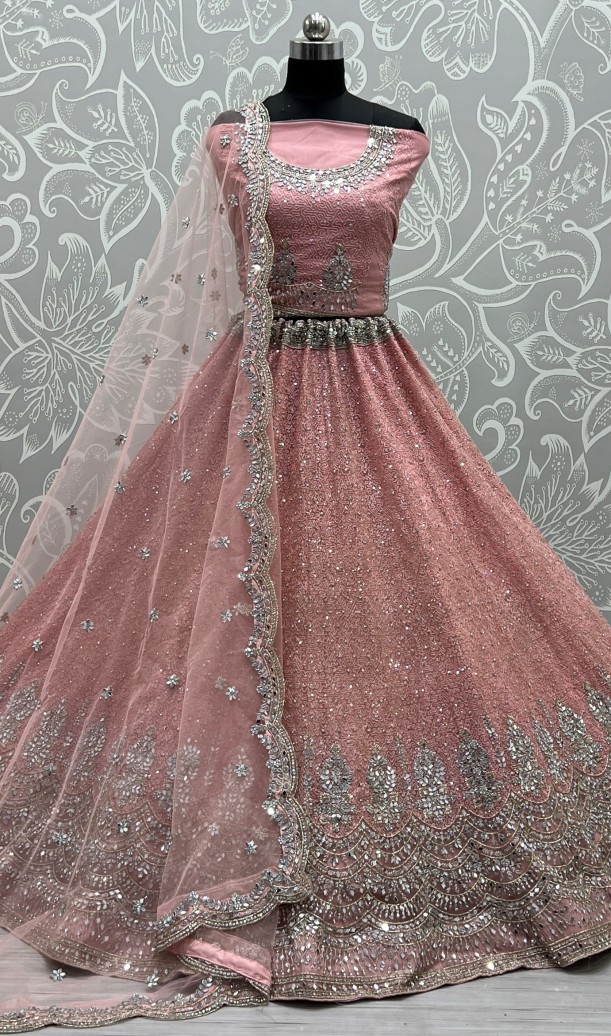 Invaluable Pink Sequins Embroidered Net Wedding Wear Lehenga Choli